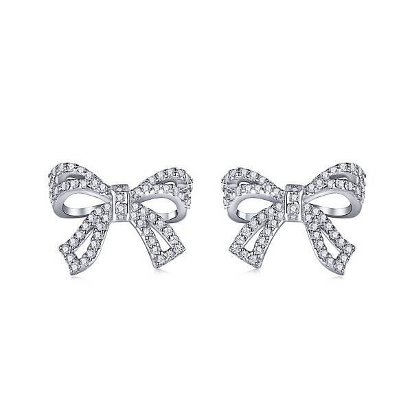 Rhodium Plated 925 Sterling Silver Micro Pave Cubic Zirconia Bowknot Stud Earrings for Woman