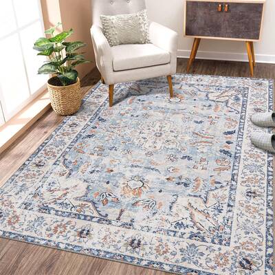 Garvee Washable Rug Blue 10x13 Area Rug Living Room Boho Vintage Rug Non Slip Throw Rugs Floral Bohemian Large Area Rug for B...