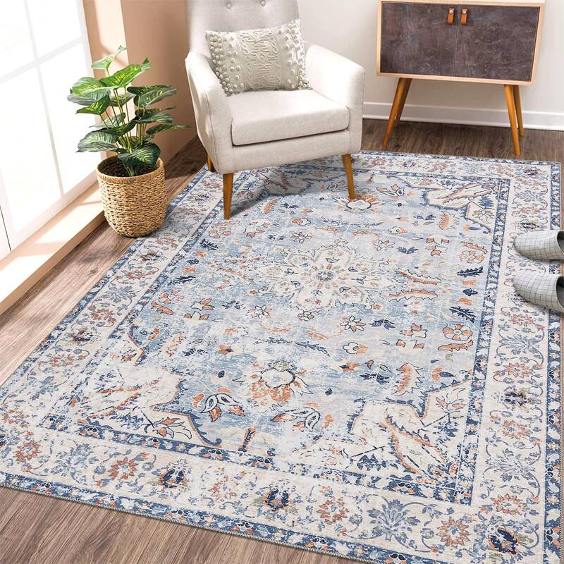 Garvee Washable Rug Blue 10x13 Area Rug Living Room Boho Vintage Rug Non Slip Throw Rugs Floral Bohemian Large Area Rug for B...