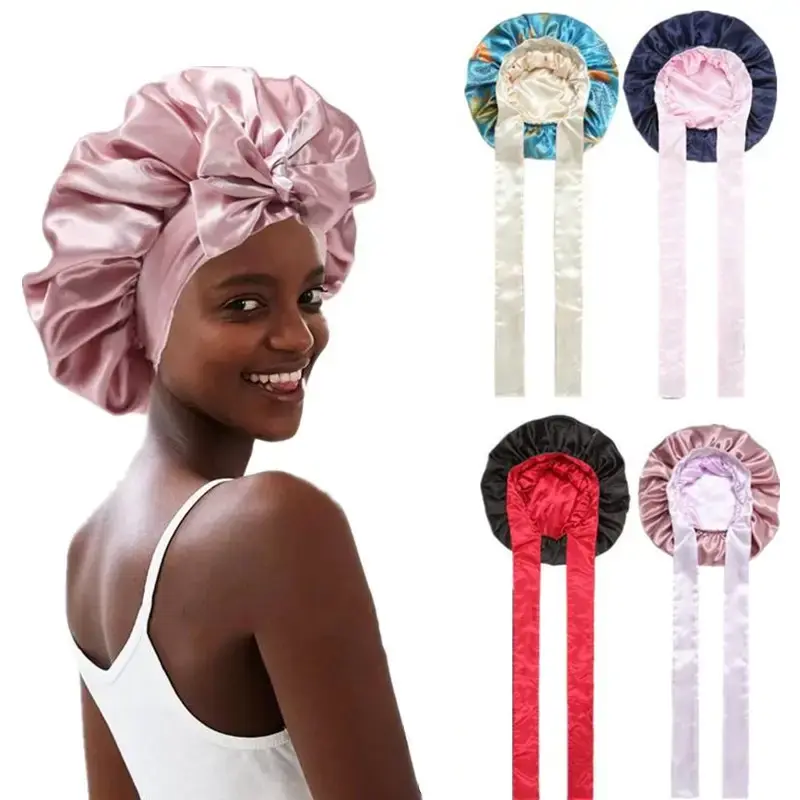 Double-Layer Solid Color Satin Bonnet Silk Like Texture Sleeping Cap for Women Curly Hair Wrap Adjustable Reversible with Tie...