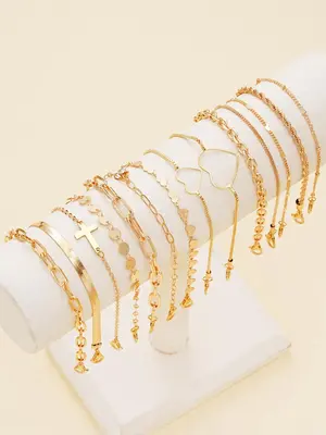 Women's Elegant Stackable Bracelets Set, 14pcs/set Cross & Heart Design Link Bracelet & Chain Bracelet, Fashion Casual Trendy...