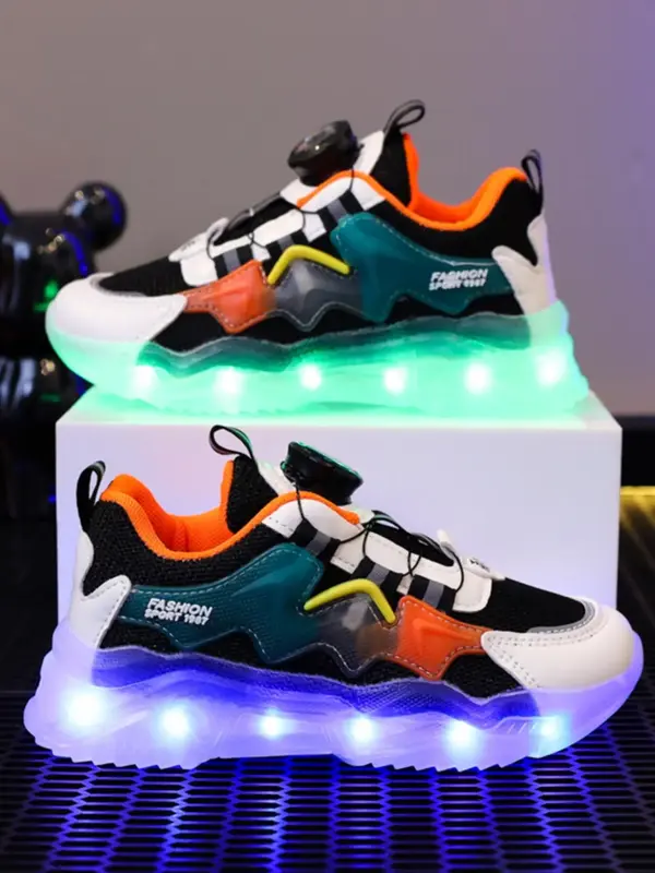 Usb Rechargeable Led Light Up Sneakers, Fashionable Lace Up Low Top Rotate Button Sneakers for Boys & Girls, Casual Breathabl...