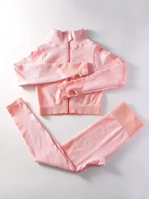 Two-Piece Set Women's Solid Textured Zip Up High Neck Jacket & High Waist Leggings Tracksuit Set, Sporty Breathable Quick...