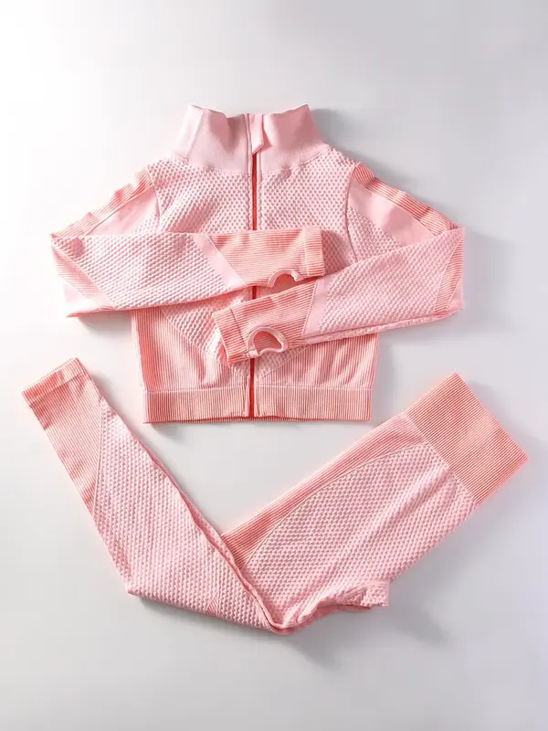 Two-Piece Set Women's Solid Textured Zip Up High Neck Jacket & High Waist Leggings Tracksuit Set, Sporty Breathable Quick...