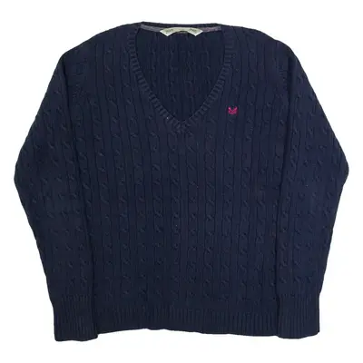 CREW CLOTHING Womens Jumper Blue V-Neck Cable Knit L