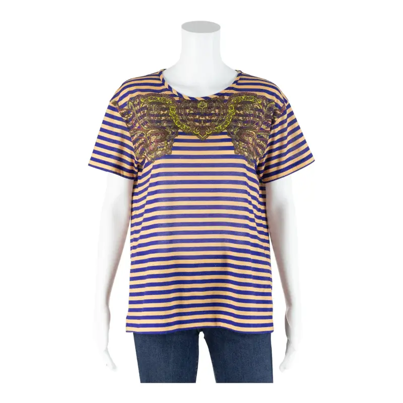 CARVEN Paisley Print Top Blue Striped Short Sleeve Womens S