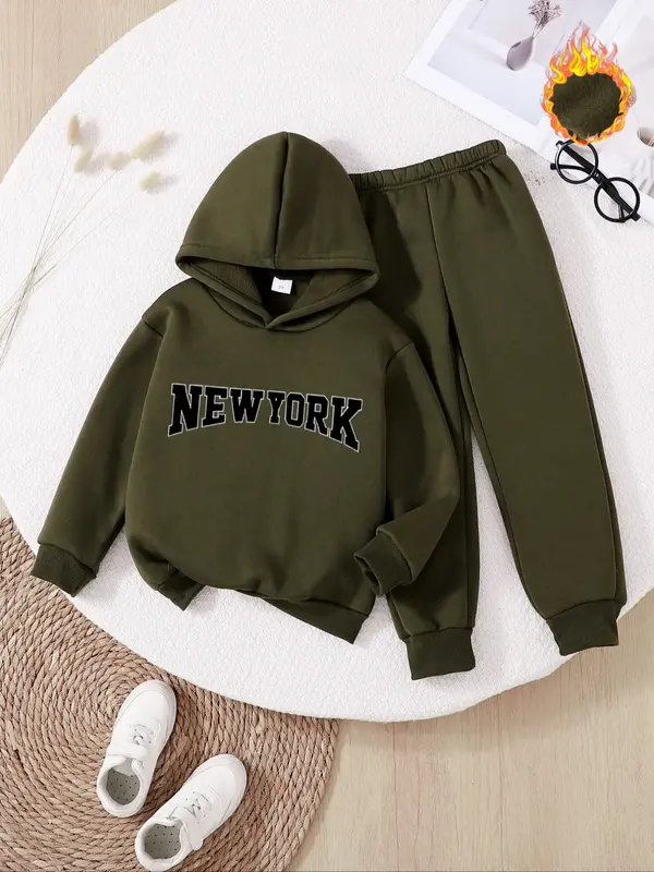 Boys' Thick Fleece Hoodie & Pants Set, Newyork Print, Fall Winter Casual Outdoor Sportswear, Warm Long Sleeve Pullover, Ideal...
