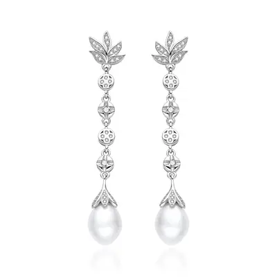 Agato Elegant Silver Earrings with Zirconia and Pearls AGT-E121PW-P
