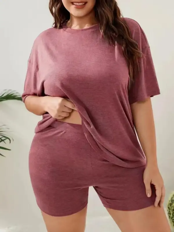 Plus Size Two-Piece Set Solid Drop Shoulder Tee & Elastic Waist Shorts Set, Cozy Round Neck T-shirt & Skinny Shorts for Work...