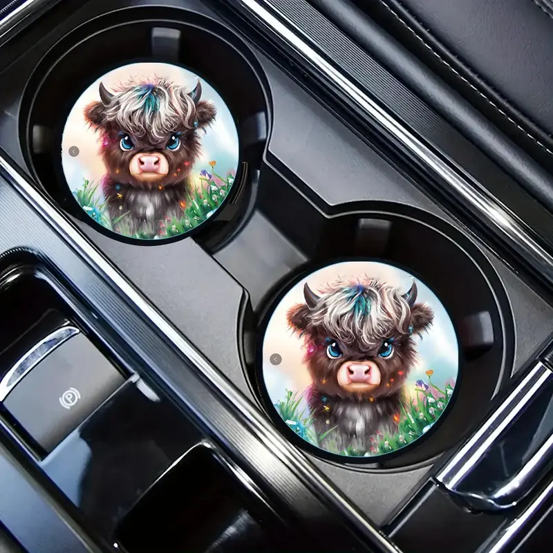 Cartoon Cow Pattern Car Cup Holder Coaster, Round Anti-slip Cup Mat, Universal Car Cup Holder Coaster, Car Accessories, Car ...