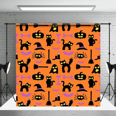 Orange Black Pumpkins Cats Happy Halloween Backdrop