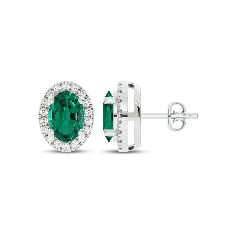 Dainty Lab Grown Diamond Whisper Halo Earrings | 10K White Gold 1/6 ct. tw. Diamond & 5X3mm Oval Emerald