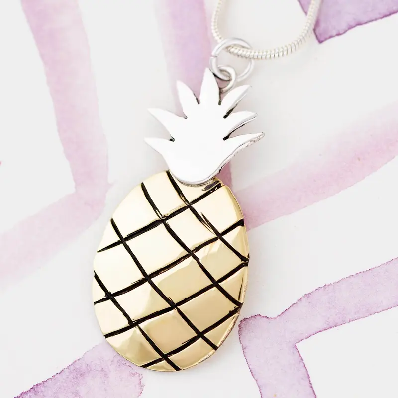 Juicy Pineapple Sterling & Brass Necklace - with Diamond Cut Chain