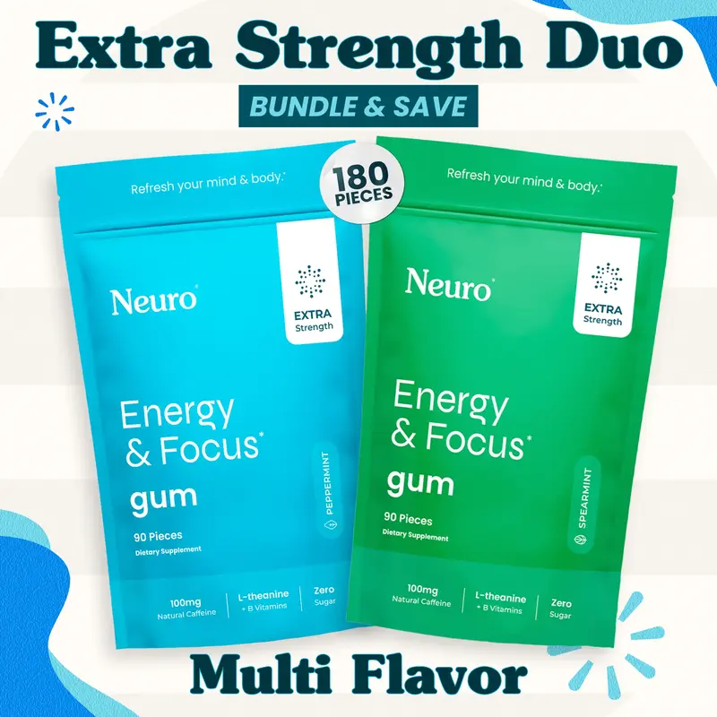 Extra Strength Duo - Energy & Focus Caffeine Gum (100mg) - Multi Flavor (2-Bulk Pouches)
