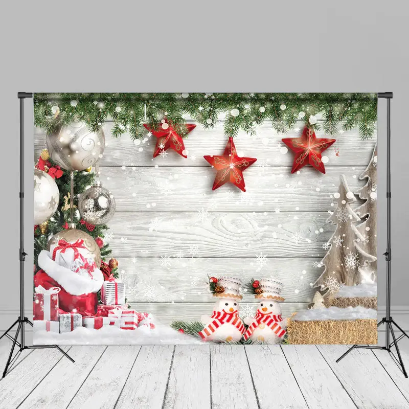 Leaves Stars Snowflake White Wood Christmas Backdrop - Aperturee