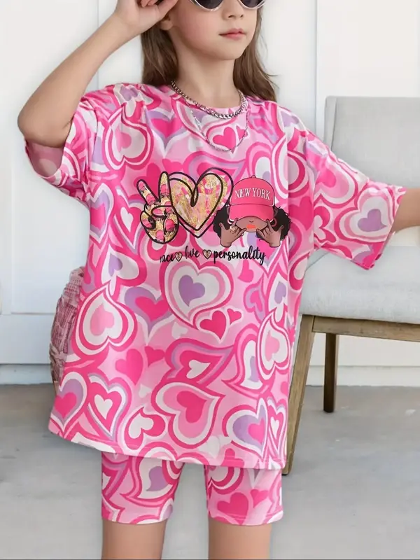 Girl's Cartoon & Letter Print Short Sleeve Tee & Shorts Set, Casual Round Neck T-shirt & Shorts  for Daily Wear, Kids Summer ...