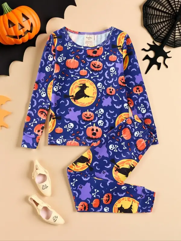 Halloween Kids Pajama Set, Cute Cartoon Pumpkin Skull Design, Fluorescent Print, Suitable for Ages 3-8,  Autumn & Winter Slee...