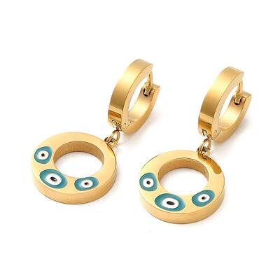 Ion Plating(IP) 304 Stainless Steel Enamel Donut with Evil Eye Dangle Hoop Earrings for Women