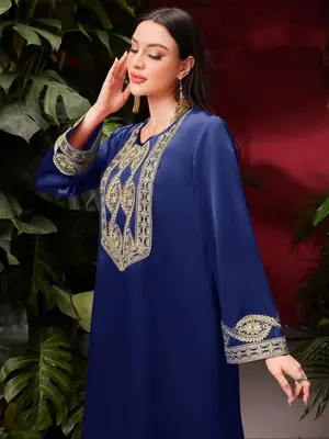 Women's Ethnic Pattern Embroidery Long Dress, Modest Long Sleeve Round Neck Dress for Daily Wear, Ladies Islamic Clothing for...