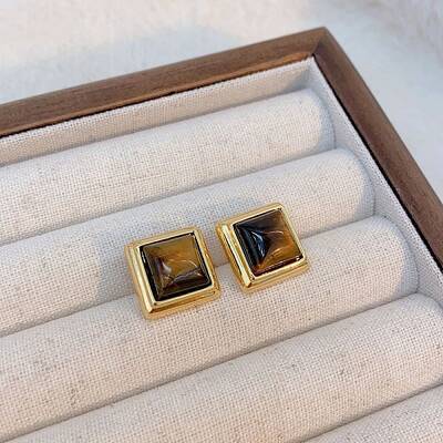 Brass Tiger Eye Stud Earrings