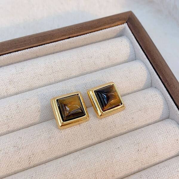 Brass Tiger Eye Stud Earrings