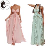 Women's Cutout Ball Gown Sleeveless Tie Back Solid Color Ruffle Long Dress Summer Party Dress