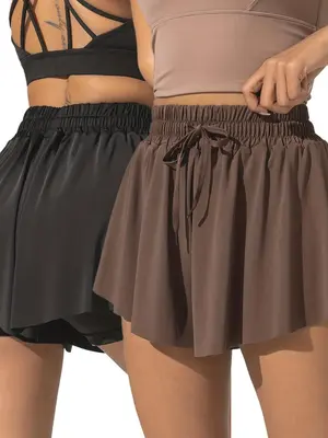 Women's Solid 2 in 1 Drawstring High Waist Sports Skort, Sporty Tie Front Skorts, Ladies Sportswear for Tennis Pickleball Yog...