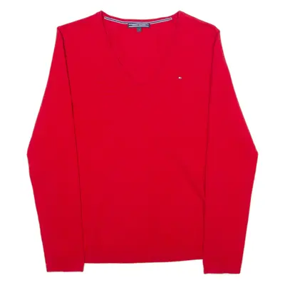 TOMMY HILFIGER Thin Womens Jumper Red V-Neck Tight Knit S