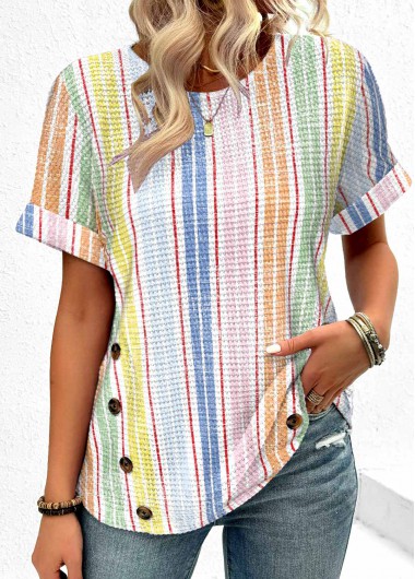 Modlily Multi Color Button Striped Short Sleeve T Shirt - M