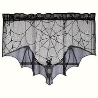 Spooky Bat & Spider Web Design Lace Curtain, 1 Count Gothic Style Short Curtain, Window Screening for Home Living Room Bedroo...
