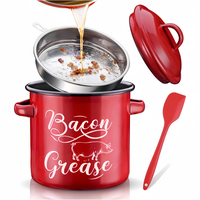 46OZ  Bacon Grease Container With Strainer, Large Enamel Grease Container, With Silicone Spatula, Farmhouse Bacon Grease Keep...