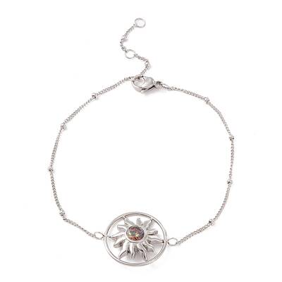 Colorful Cubic Zirconia Ring with Sun Link Bracelet with 304 Stainless Steel Satellite Chain for Women