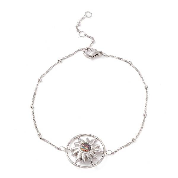Colorful Cubic Zirconia Ring with Sun Link Bracelet with 304 Stainless Steel Satellite Chain for Women