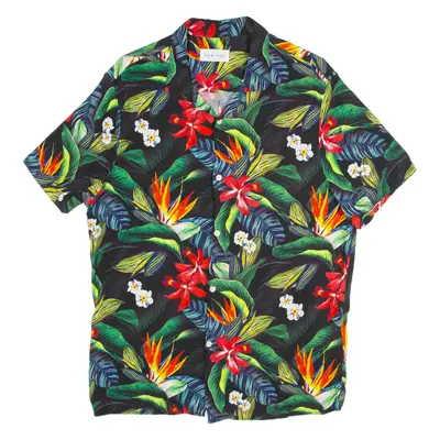 PIER ONE Mens Hawaiian Shirt Black Viscose Floral M