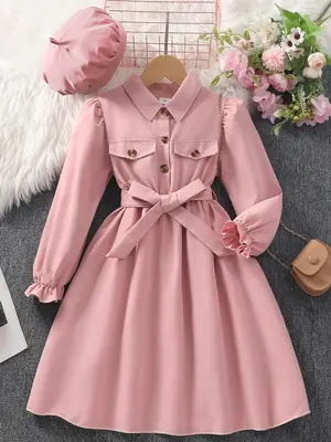 Girl's Solid Button Front Belted Shirt Dress with Hat, Casual Flounce Sleeve Collar Long Sleeve Dress for Fall & Winter, Kids...