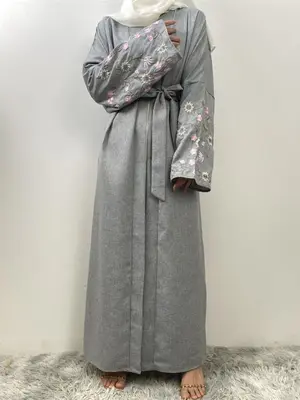 Women's Floral Embroidery Belted Abaya, Modest Long Sleeve Open Front Outerwear for Daily Wear, Women's Islamic Muslim Cloth...