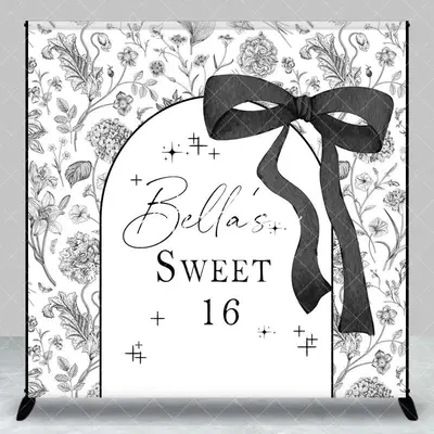 Aperturee Black White Floral Custom Name Sweet 16 Backdrop, 3X3FT(1X1M), 15 USD, custom birthday backdrops, DZAH0G744-O