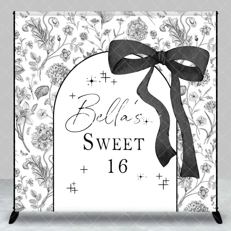 Aperturee Black White Floral Custom Name Sweet 16 Backdrop, 3X3FT(1X1M), 15 USD, custom birthday backdrops, DZAH0G744-O