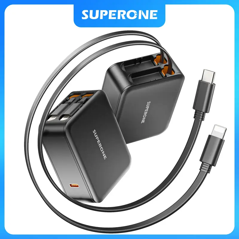 3in1 62W Retractable Wall Charger with Dual CablesRetractable Charger Adapter with Foldable Plug 35W USB CFast Charging for i...