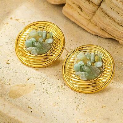 304 Stainless Steel Natural Green Aventurine Stud Earrings