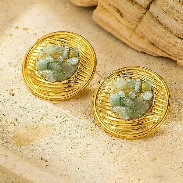 304 Stainless Steel Natural Green Aventurine Stud Earrings