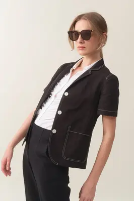 Short Sleeve Linen Blazer - Black | Size: L