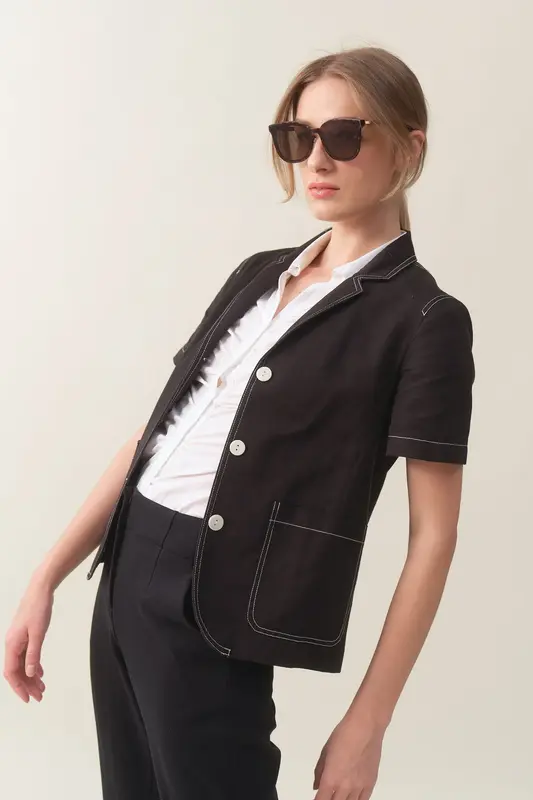 Short Sleeve Linen Blazer - Black | Size: L