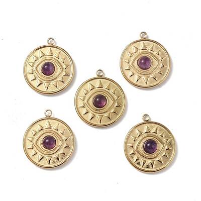 PVD Vacuum Plating 201 Stainless Steel Natural Amethyst Pendants