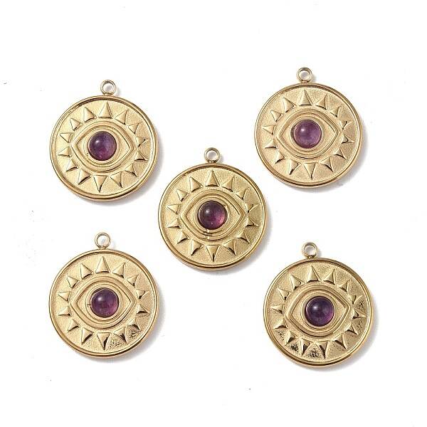 PVD Vacuum Plating 201 Stainless Steel Natural Amethyst Pendants