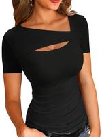 Women's Plain Cut Out Asymmetrical Neck Tee, Casual Short Sleeve T-Shirt for Daily Wear, Ladies Clothes for All Seasons, Wome...