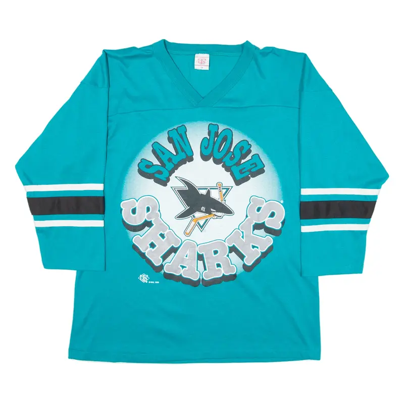 GTS San Jose Sharks Mens T-Shirt Blue 3/4 Sleeve 90s USA V-Neck M