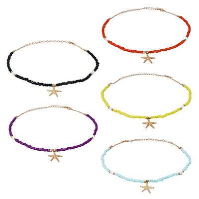 5Pcs 5 Colors Alloy Starfish Boho Pendant Necklaces Set with Glass Beaded Chains