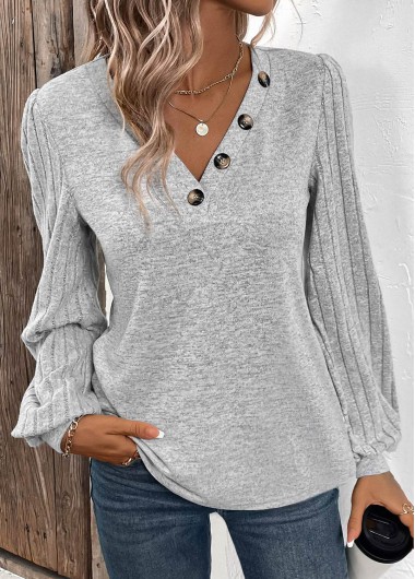 Modlily Light Grey Button Long Sleeve V Neck T Shirt - L