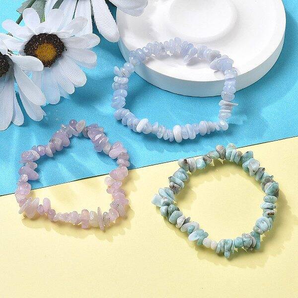 Chips Natural Larimar & Blue Lace Agate & Kunzite Beaded Stretch Bracelets Sets